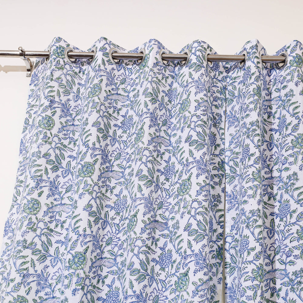 Blue - Sanganeri Block Print Cotton Door Curtain (7 x 3.2 feet) (single piece)