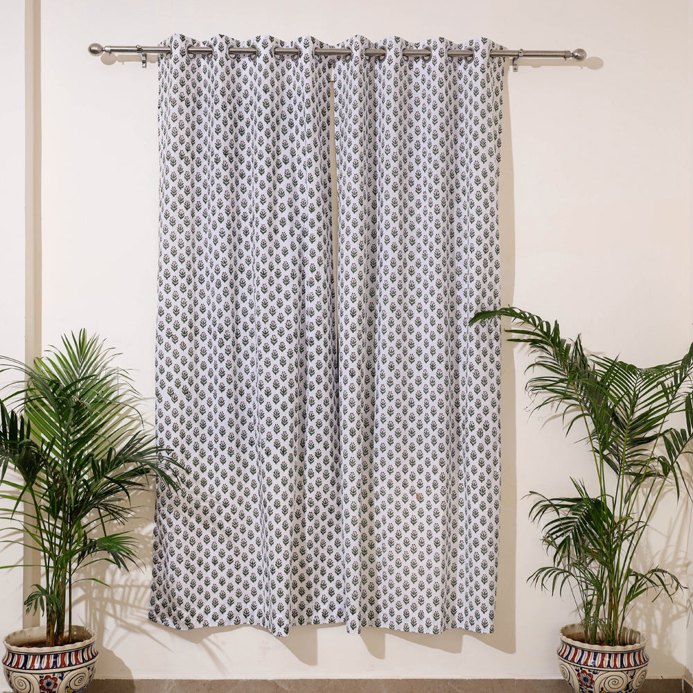 White - Sanganeri Block Print Cotton Door Curtain (7 x 3.2 feet) (single piece)