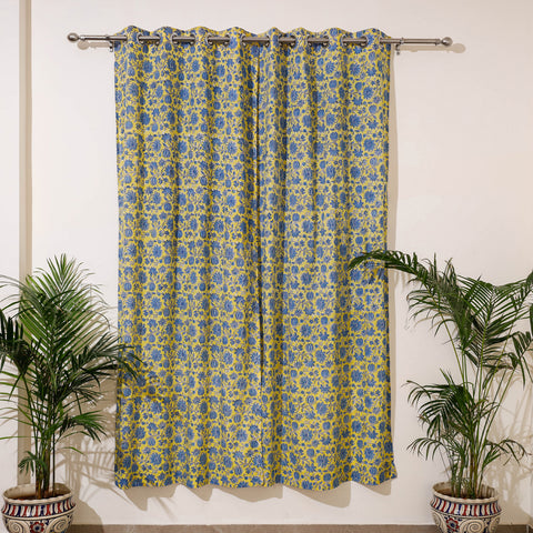 Yellow - Sanganeri Block Print Cotton Door Curtain (7 x 3.2 feet) (single piece)