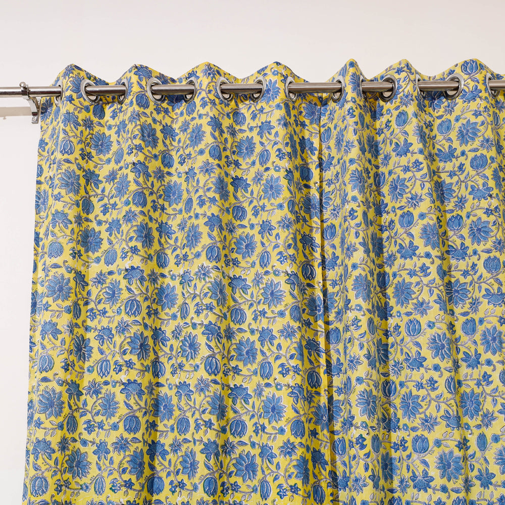 Yellow - Sanganeri Block Print Cotton Door Curtain (7 x 3.2 feet) (single piece)