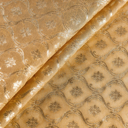 Beige - Pure Banarasi Handwoven Cutwork Zari Buti Silk Cotton Fabric