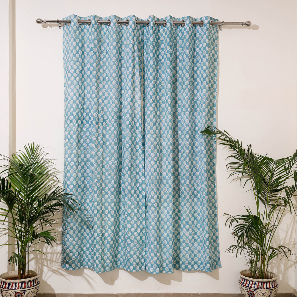 Blue - Sanganeri Block Print Cotton Door Curtain (7 x 3.2 feet) (single piece)