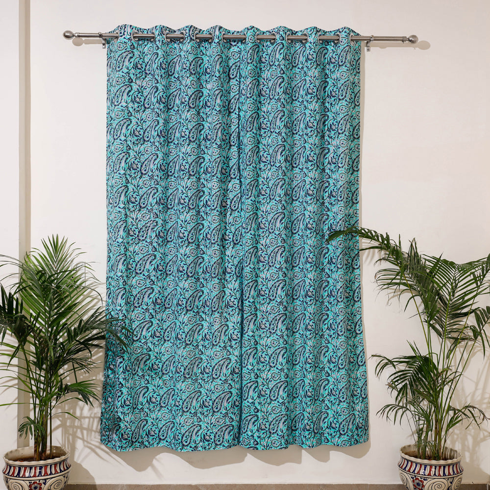 Blue - Sanganeri Block Print Cotton Door Curtain (7 x 3.2 feet) (single piece)