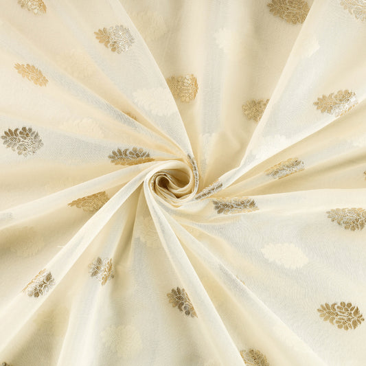 White - Pure Banarasi Handwoven Cutwork Zari Buti Silk Cotton Fabric
