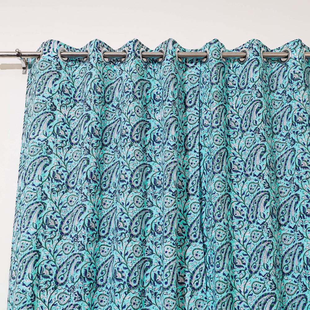 Blue - Sanganeri Block Print Cotton Door Curtain (7 x 3.2 feet) (single piece)