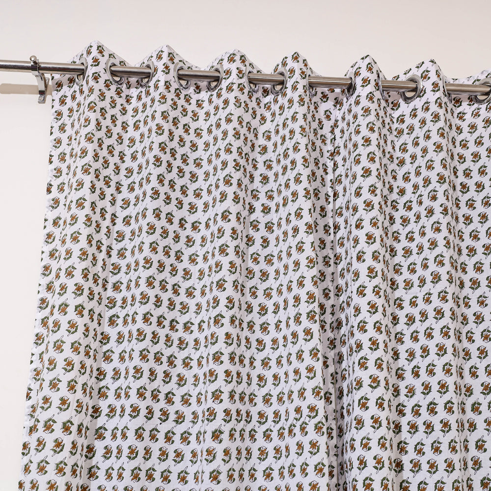 White - Sanganeri Block Print Cotton Door Curtain (7 x 3.2 feet) (single piece)