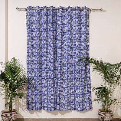 Blue - Sanganeri Block Print Cotton Door Curtain (7 x 3.2 feet) (single piece)