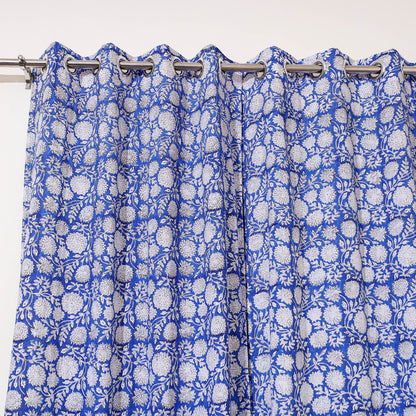 Blue - Sanganeri Block Print Cotton Door Curtain (7 x 3.2 feet) (single piece)