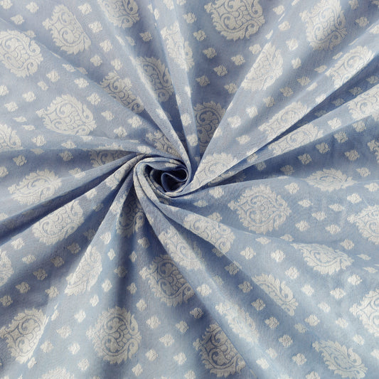Blue - Pure Banarasi Handwoven Cutwork Buti Silk Cotton Fabric