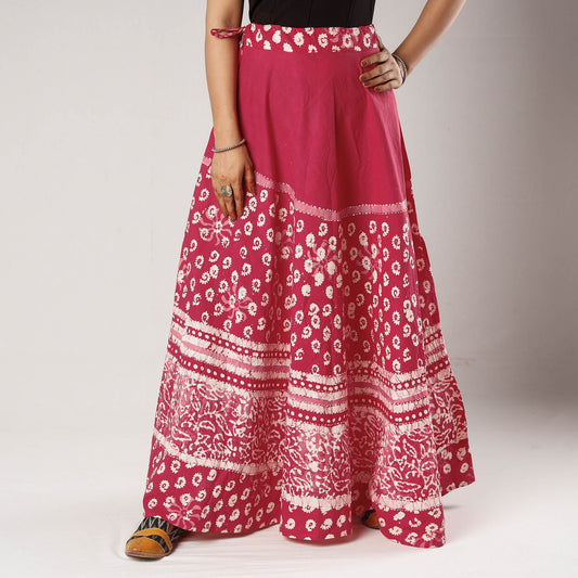 Pink - Hand Batik Printing Running Stitch Cotton Long Skirt