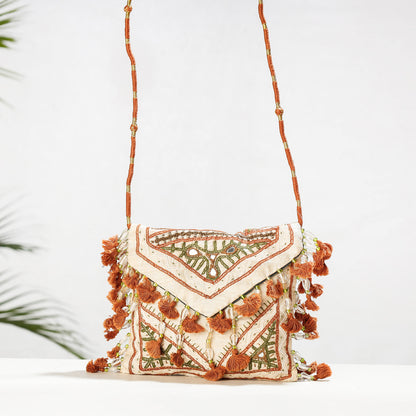 Beige - Kala Raksha Rabari Hand Embroidered Dupion Silk Sling Bag