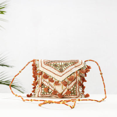 Beige - Kala Raksha Rabari Hand Embroidered Dupion Silk Sling Bag