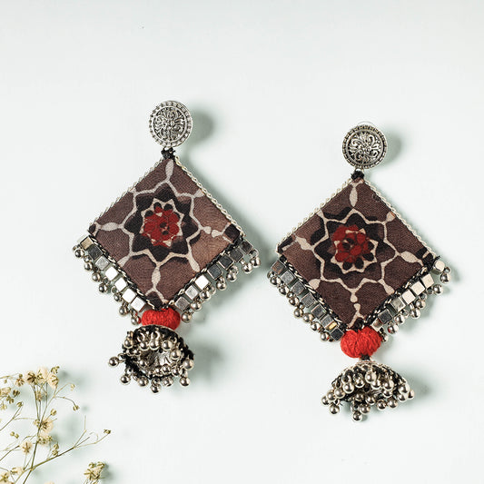 Handcrafted Ajrakh Print Beadwork Earrings