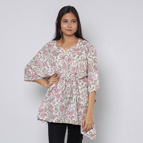 White - Sanganeri Block Printed Cotton Kaftan with Tie-Up Waist (Short)