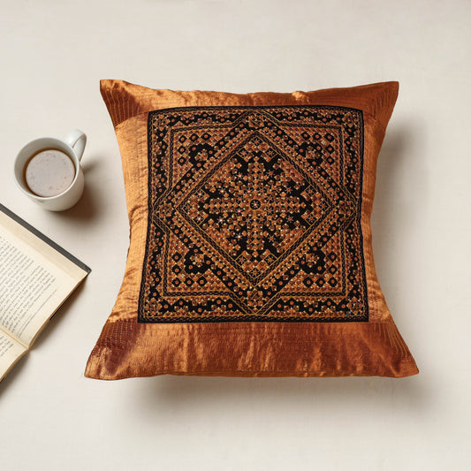 Brown - Kutch Neran Hand Embroidered Mashru Silk Cushion Cover (16 x 16 in)