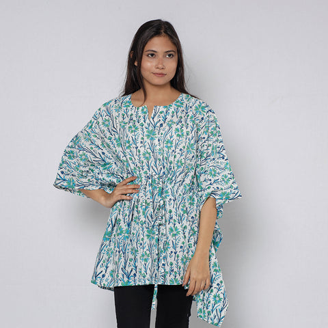 White - Sanganeri Block Printed Cotton Kaftan with Tie-Up Waist (Short)