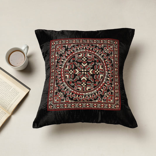 Black - Kutch Neran Hand Embroidered Mashru Silk Cushion Cover (16 x 16 in)