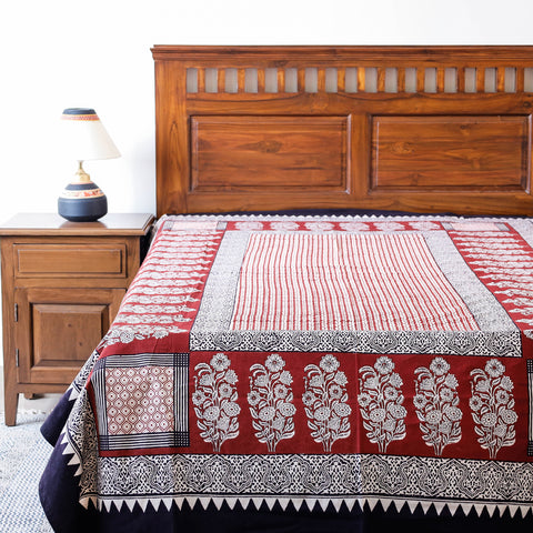 Red - Bagh Block Printed Natural Dyed Pure Cotton Single Bed Cover (90 x 57 in)