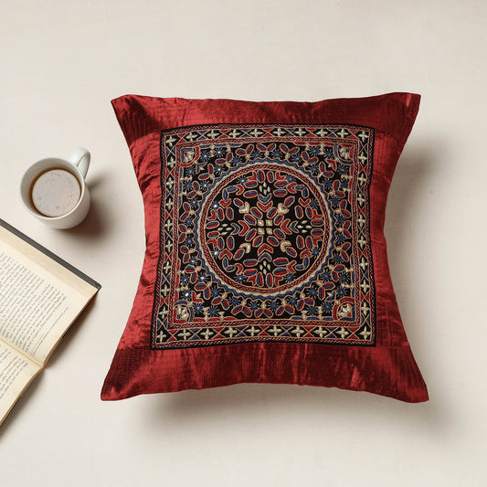 Maroon - Kutch Neran Hand Embroidered Mashru Silk Cushion Cover (16 x 16 in)