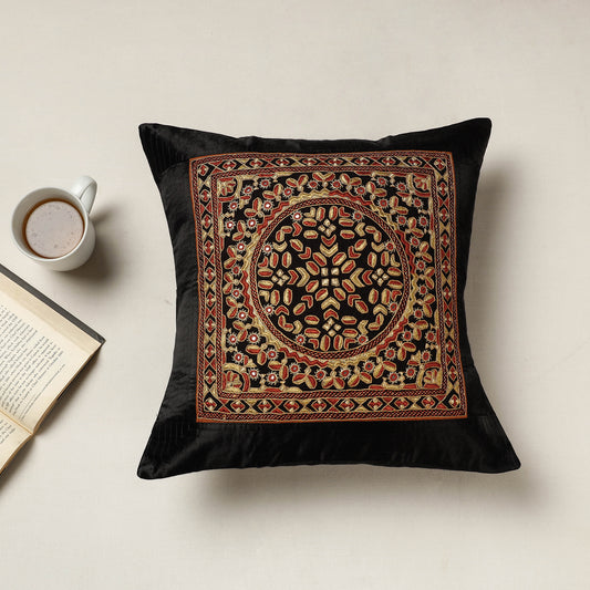 Black - Kutch Neran Hand Embroidered Mashru Silk Cushion Cover (16 x 16 in)