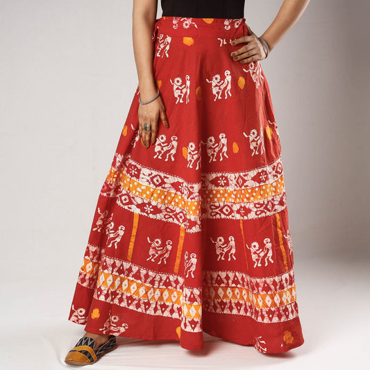 Red - Hand Batik Printing Running Stitch Cotton Long Skirt