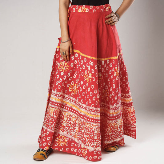 Red - Hand Batik Printing Running Stitch Cotton Long Skirt
