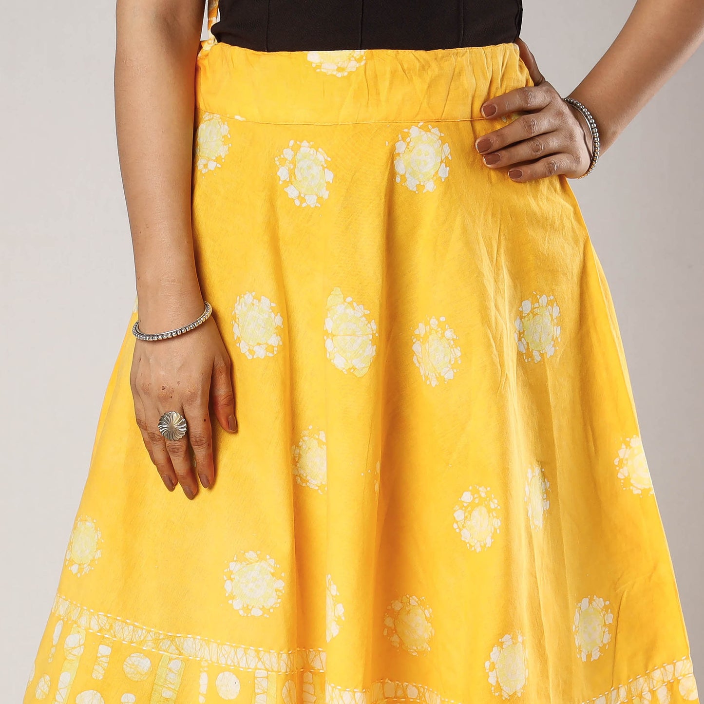 Yellow - Hand Batik Printing Running Stitch Cotton Long Skirt