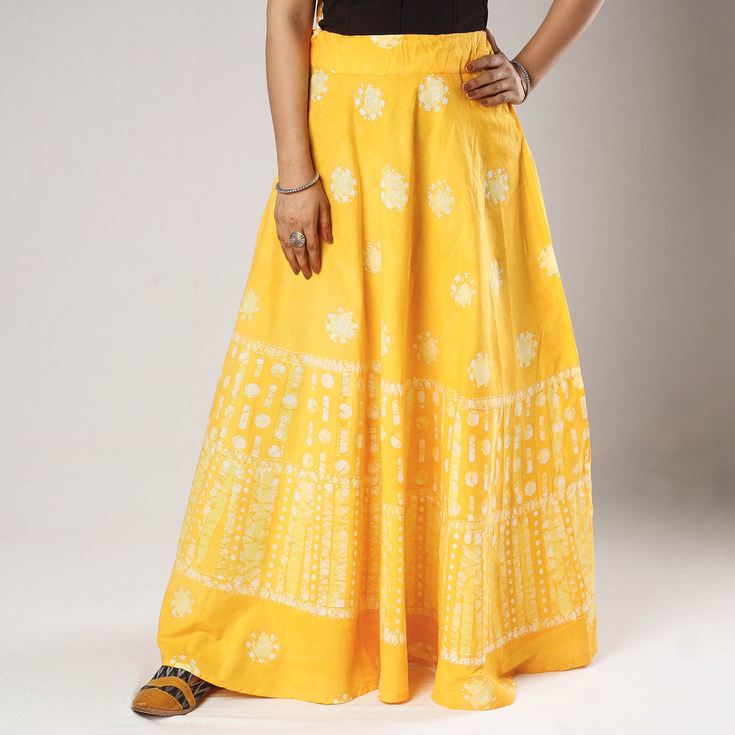 Yellow - Hand Batik Printing Running Stitch Cotton Long Skirt