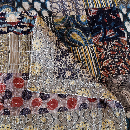 Reversible Ajrakh Print Patch & Tagai Work Cotton Quilt / Gudri / Blanket (104 x 87 in)