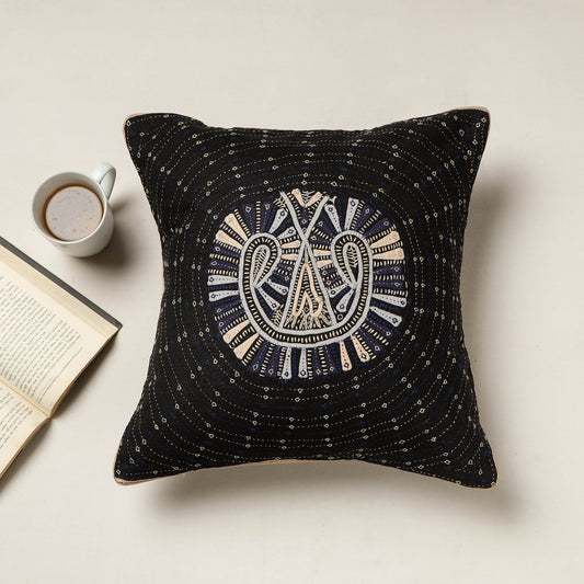 Black - Kutch Dhebariya Qatab Hand Embroidered Cotton Cushion Cover (16 x 16 in)