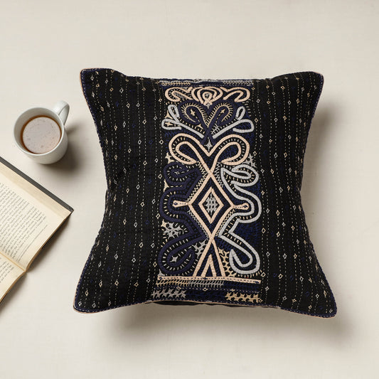 Black - Kutch Dhebariya Qatab Hand Embroidered Cotton Cushion Cover (16 x 16 in)