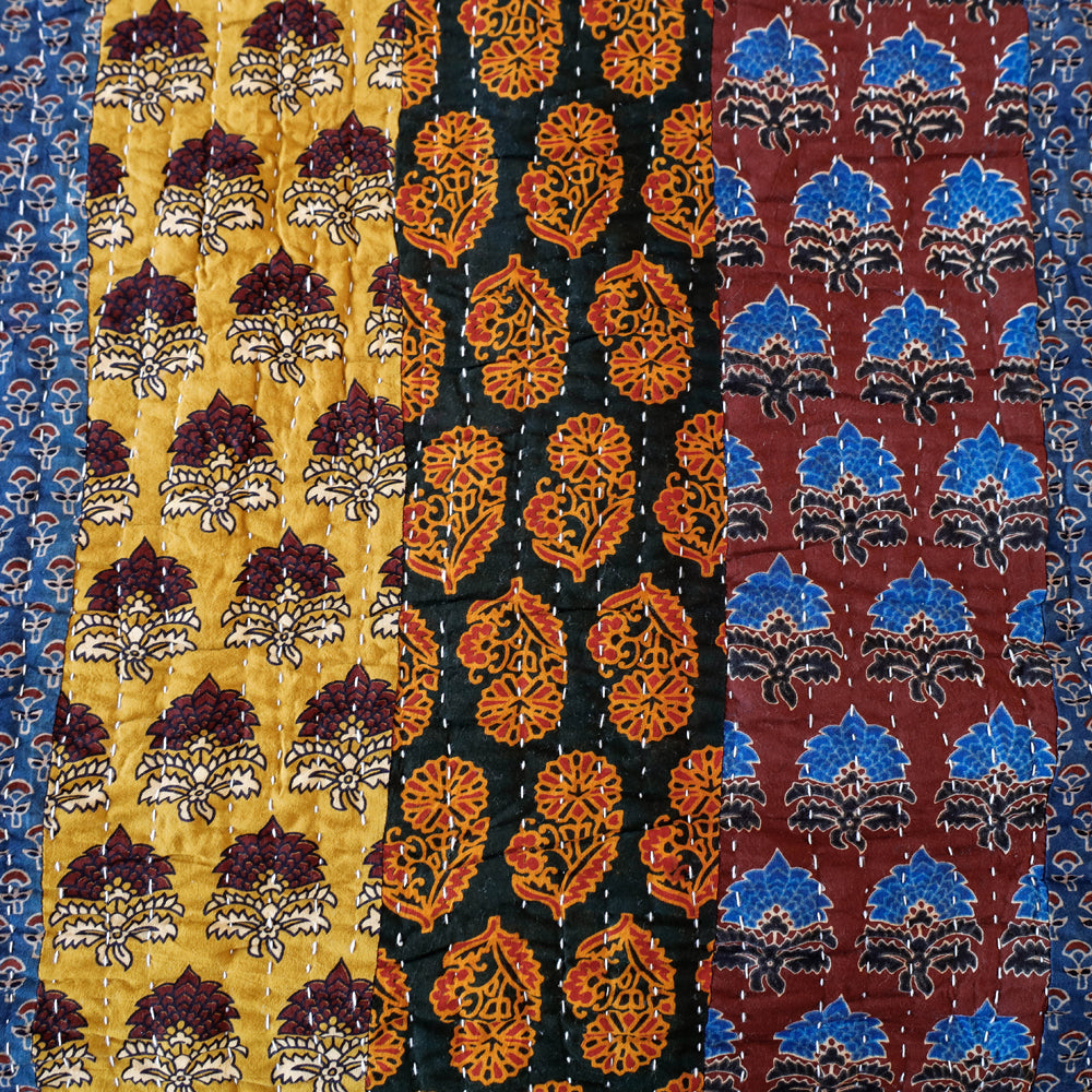 Multicolor - Reversible Ajrakh Print Patch & Tagai Work Cotton Quilt / Gudri / Blanket (104 x 87 in)