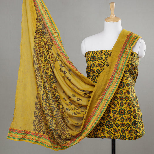Yellow - 3pc Ajrakh Block Printed Cotton Suit Material Set