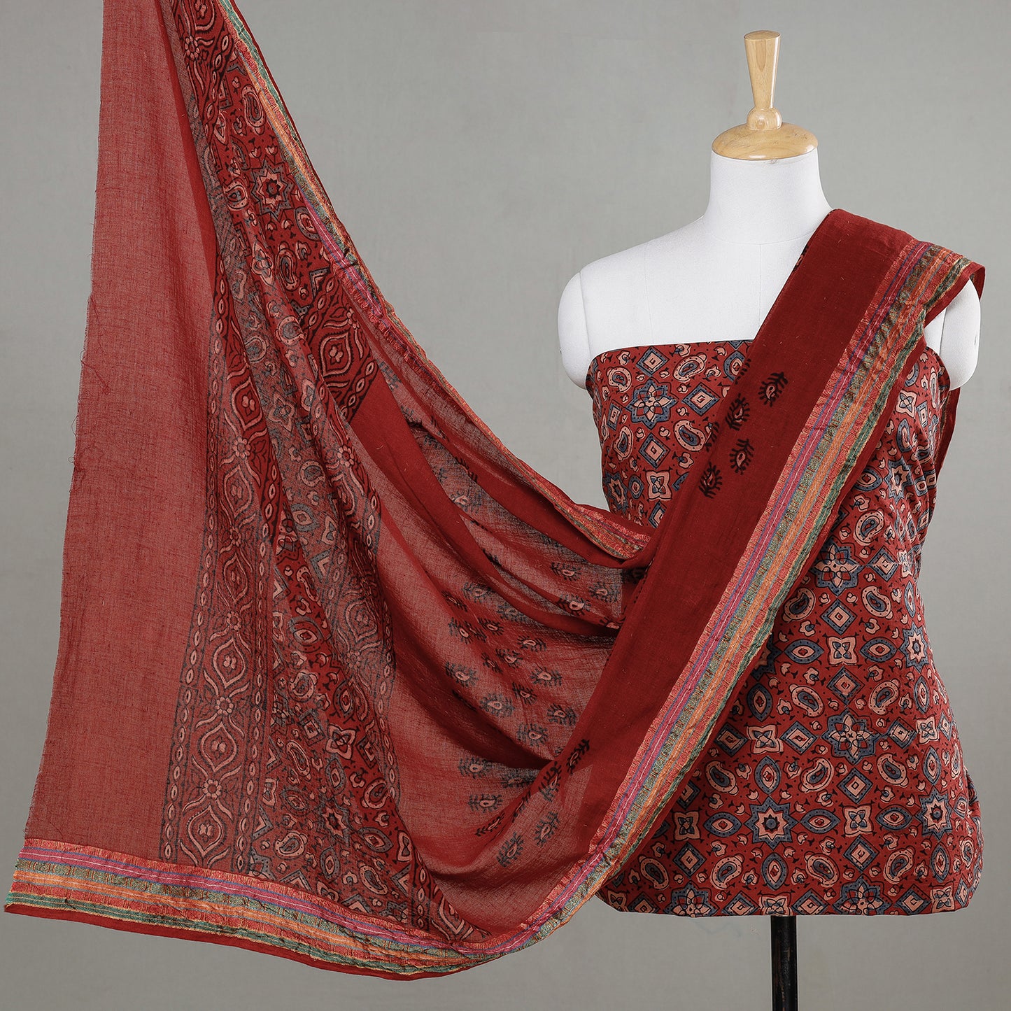 Maroon - 3pc Ajrakh Block Printed Cotton Suit Material Set