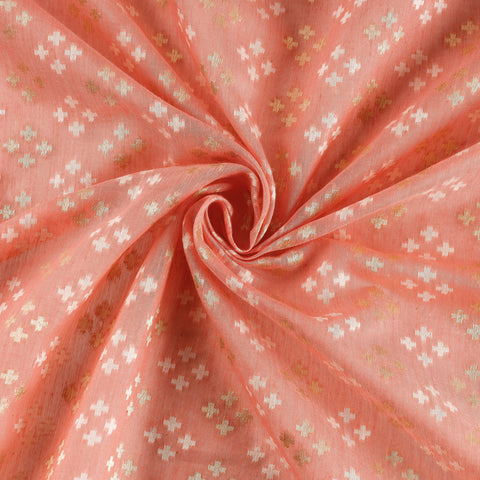 Peach - Pure Banarasi Handwoven Kora Silk Cotton Zari Buti Fabric