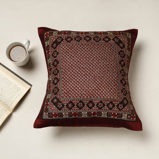 Maroon - Kutch Neran Hand Embroidered Silk Cushion Cover (16 x 16 in)