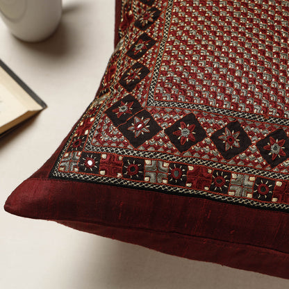 Maroon - Kutch Neran Hand Embroidered Silk Cushion Cover (16 x 16 in)