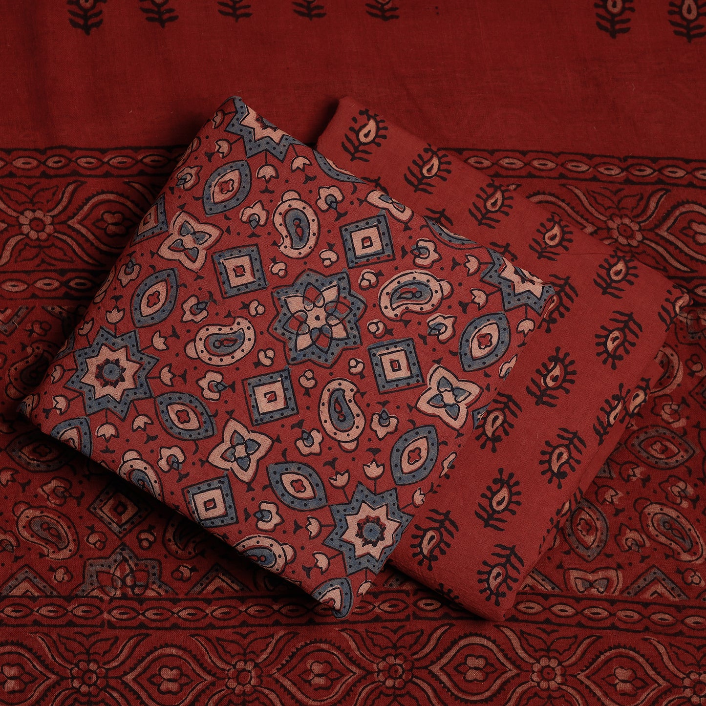 Maroon - 3pc Ajrakh Block Printed Cotton Suit Material Set