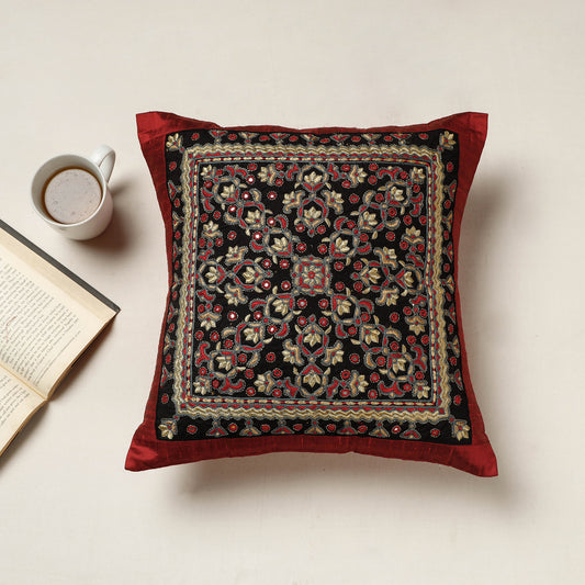 Black - Kutch Neran Hand Embroidered Silk Cushion Cover (16 x 16 in)