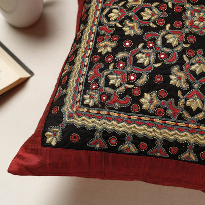Black - Kutch Neran Hand Embroidered Silk Cushion Cover (16 x 16 in)
