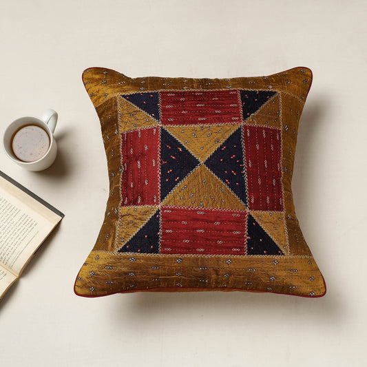 Brown - Kutch Dhebariya Qatab Hand Embroidered Khudisebha Silk Cushion Cover (16 x 16 in)