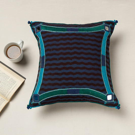 Blue - Lambani Mirror Work Embroidery Cotton Cushion Cover (16 x 16 in)