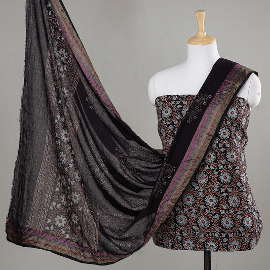 Black - 3pc Ajrakh Block Printed Cotton Suit Material Set