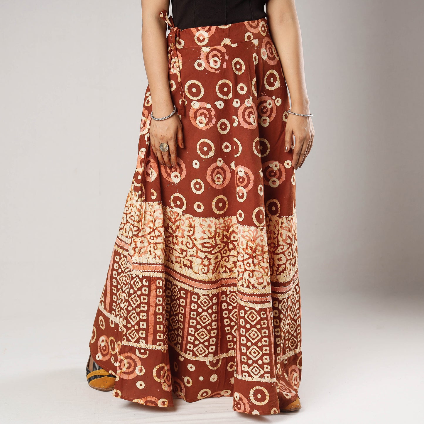Brown - Hand Batik Printing Running Stitch Cotton Long Skirt