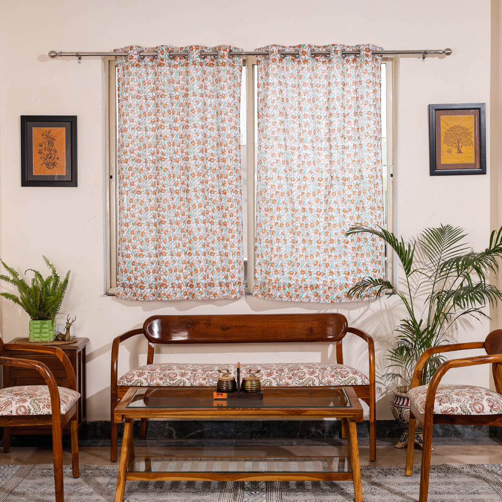 White - Sanganeri Block Print Cotton Window Curtain (5 x 3.3 feet) (single piece)