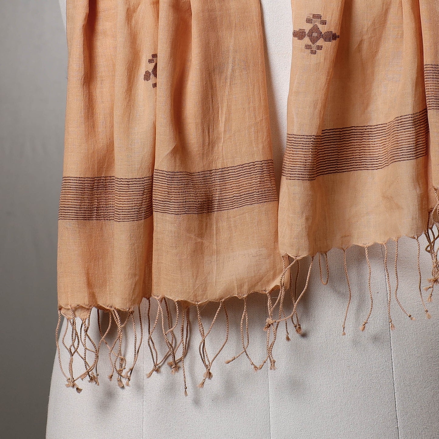 Orange - Burdwan Jamdani Buti Handloom Pure Cotton Stole with Tassels