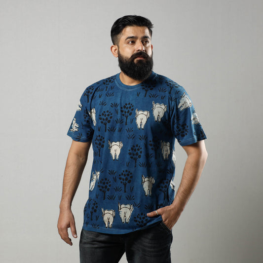 Blue - Bindaas Block Art Printed Cotton Unisex Round Neck T-shirt