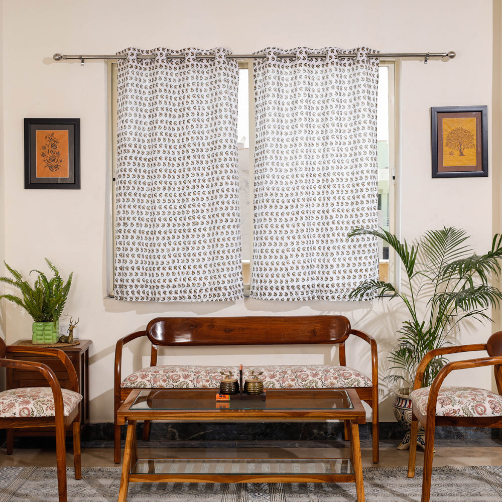 White - Sanganeri Block Print Cotton Window Curtain (5 x 3.3 feet) (single piece)