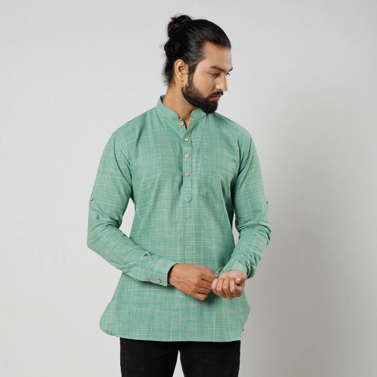 Green & Yellow - Textured Fine Cotton Handloom Men Short Kurta
