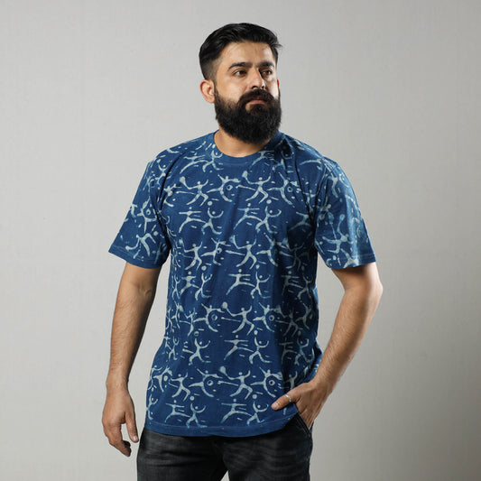 Blue - Bindaas Block Art Printed Cotton Round Neck T-shirt